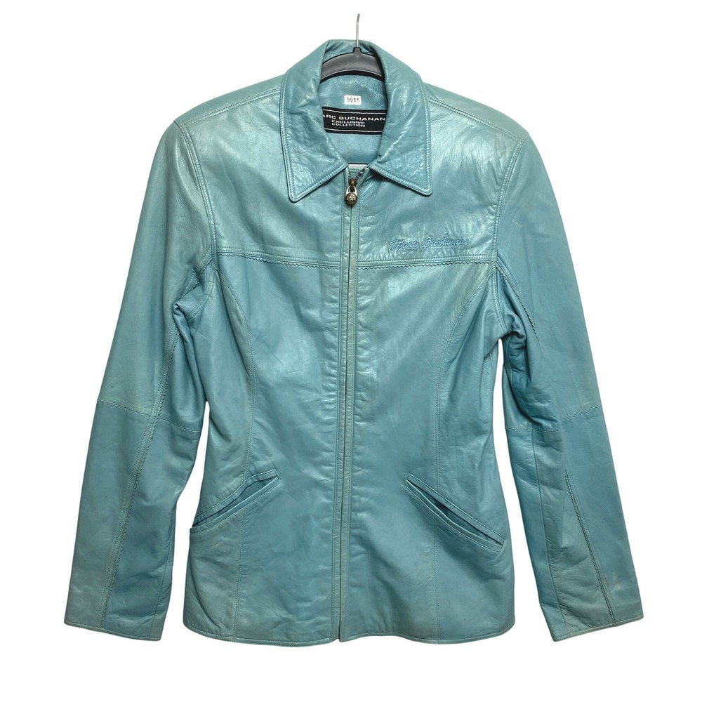 Marc Buchanan Leather Jacket Womens 8 Teal Blue Exclusive Vintage 90s